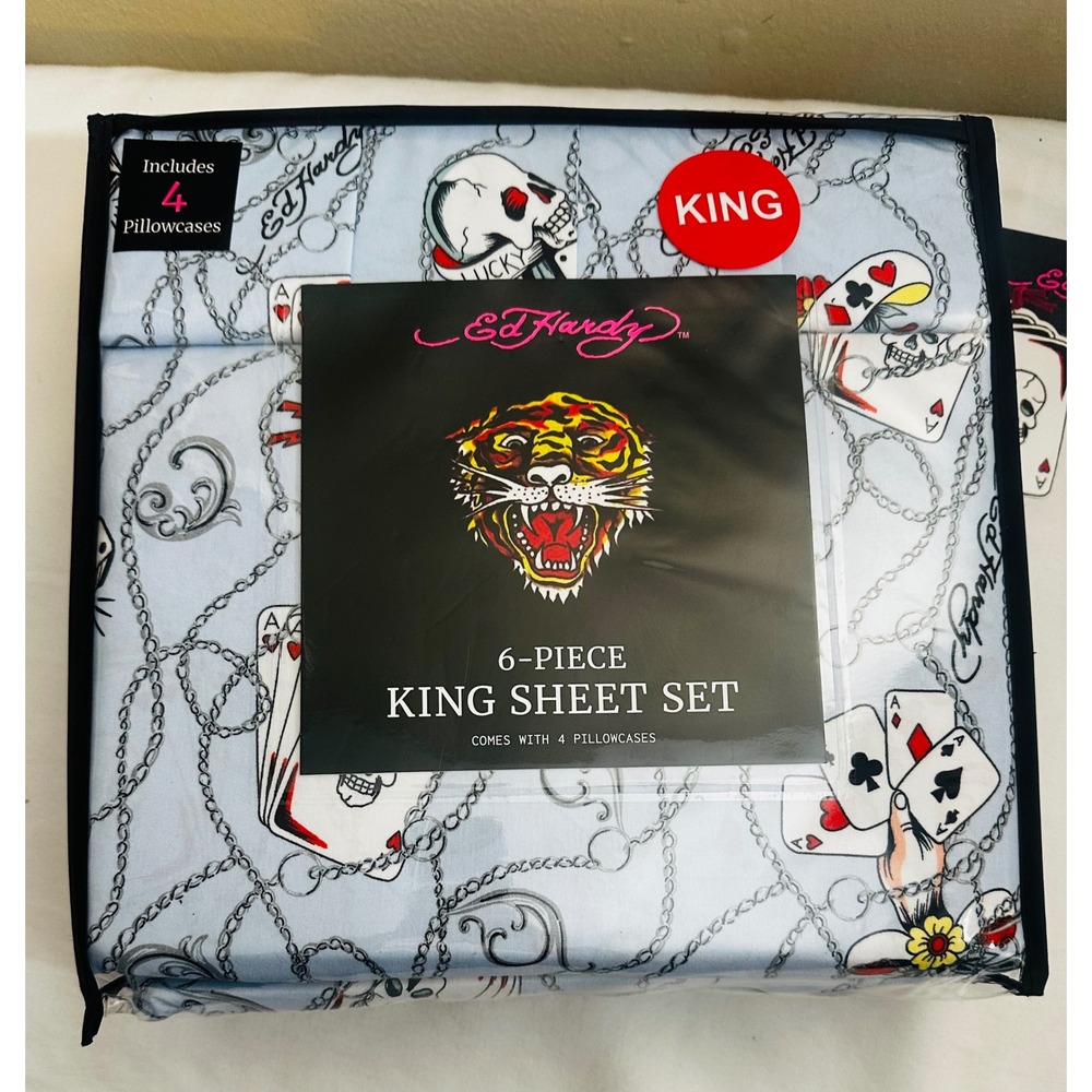 Ed Hardy King Sheet Set 6 Pc Skull Cards Dice Tattoo Bedding New Y2K Home Decor